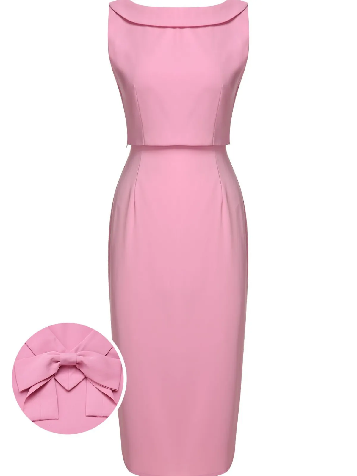 Outlet Retro Stage 2PCS Pink 1960s Lapel Bowknot Blouse & Solid Spaghetti Strap Dress Pale Pink