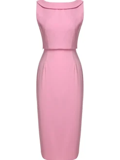 Outlet Retro Stage 2PCS Pink 1960s Lapel Bowknot Blouse & Solid Spaghetti Strap Dress Pale Pink