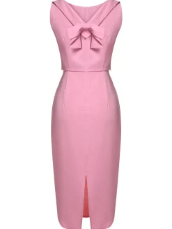 Outlet Retro Stage 2PCS Pink 1960s Lapel Bowknot Blouse & Solid Spaghetti Strap Dress Pale Pink