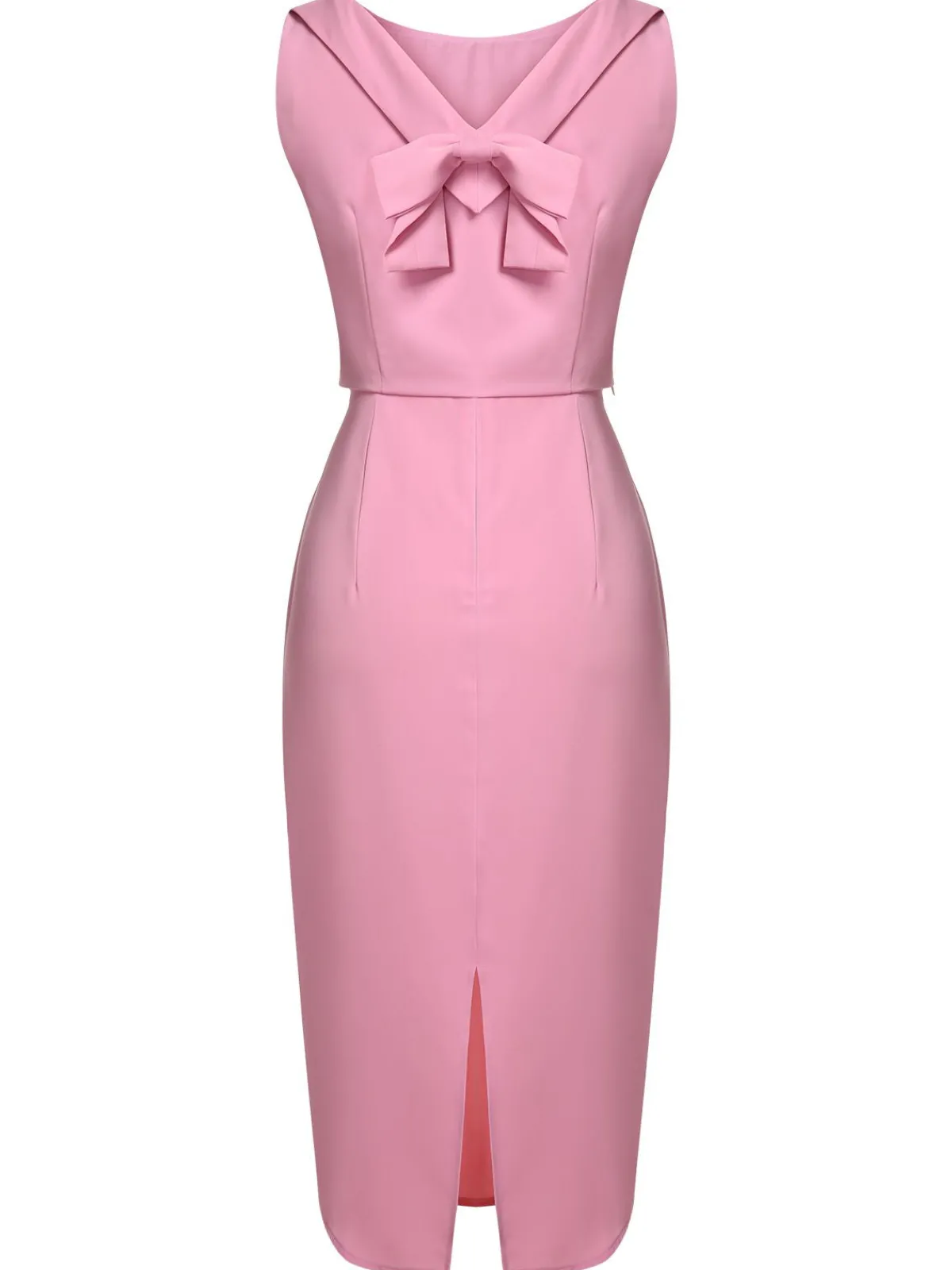 Outlet Retro Stage 2PCS Pink 1960s Lapel Bowknot Blouse & Solid Spaghetti Strap Dress Pale Pink