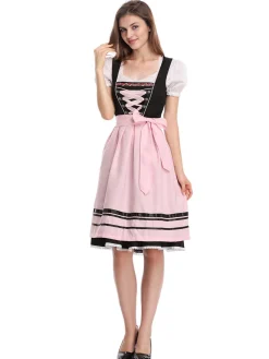 Fashion Retro Stage 2PCS 1950s Oktoberfest Puff Sleeves Embroidered Dress Pink