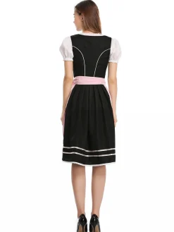 Fashion Retro Stage 2PCS 1950s Oktoberfest Puff Sleeves Embroidered Dress Pink