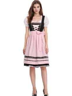 Fashion Retro Stage 2PCS 1950s Oktoberfest Puff Sleeves Embroidered Dress Pink