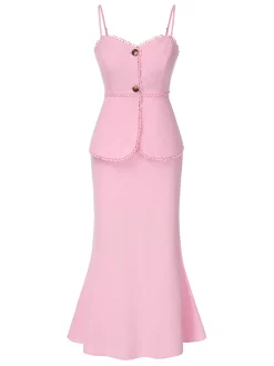 Online Retro Stage 2PCS 1930s Solid Cotton Spaghetti Strap Camisole & Fishtail Skirt Pink