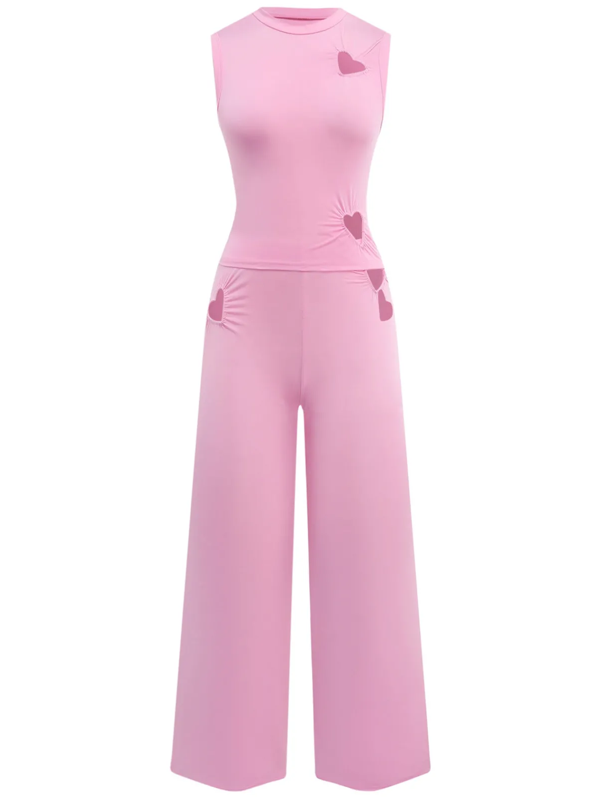 Hot Retro Stage 2PCS Pink 1950s Solid Heart Hollow Vest & Pants Dark Pink