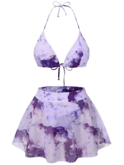 Best Retro Stage 3PCS 1970s Irregular Print Bikini Set Purple