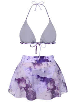 Best Retro Stage 3PCS 1970s Irregular Print Bikini Set Purple