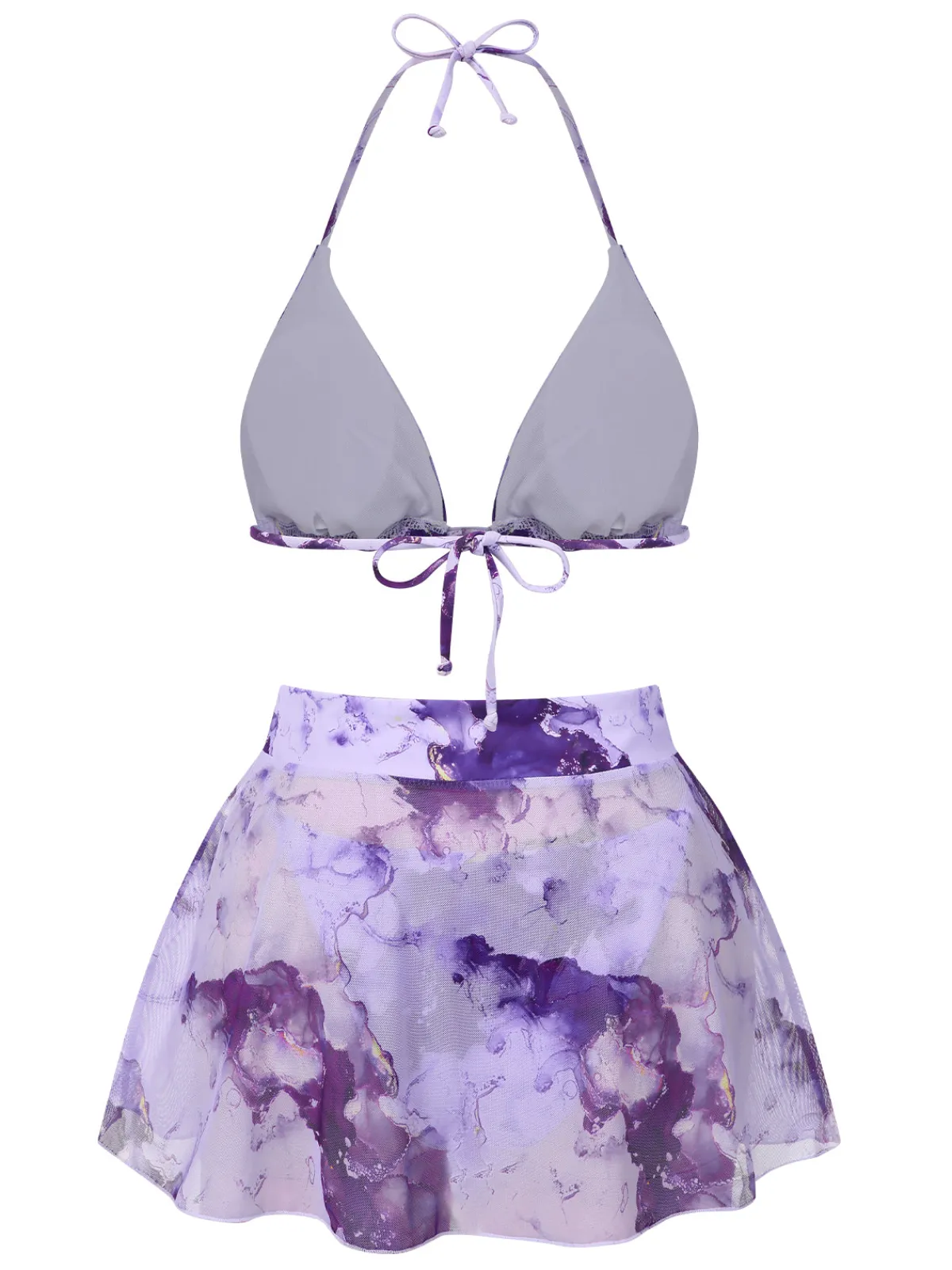 Best Retro Stage 3PCS 1970s Irregular Print Bikini Set Purple