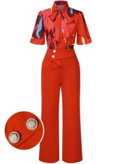 Sale Retro Stage 2PCS Red 1950s Abstract Prints Blouse & Solid Pants Orange Red