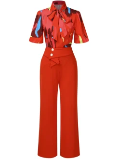 Sale Retro Stage 2PCS Red 1950s Abstract Prints Blouse & Solid Pants Orange Red