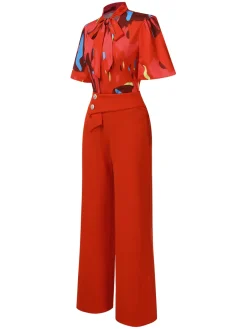 Sale Retro Stage 2PCS Red 1950s Abstract Prints Blouse & Solid Pants Orange Red