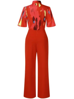 Sale Retro Stage 2PCS Red 1950s Abstract Prints Blouse & Solid Pants Orange Red