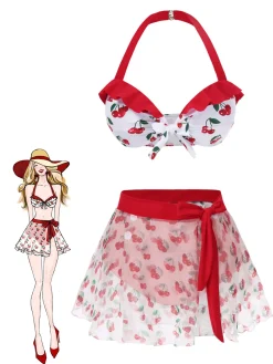 New Retro Stage 2PCS 1950s Cherry Bikini & Tie-Waist Cover up Red