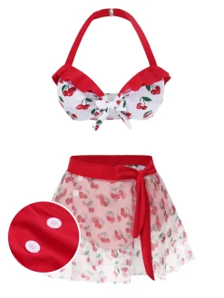 New Retro Stage 2PCS 1950s Cherry Bikini & Tie-Waist Cover up Red