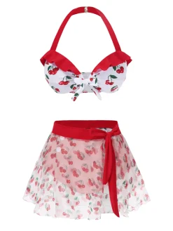 New Retro Stage 2PCS 1950s Cherry Bikini & Tie-Waist Cover up Red