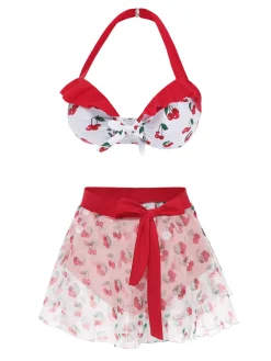 New Retro Stage 2PCS 1950s Cherry Bikini & Tie-Waist Cover up Red