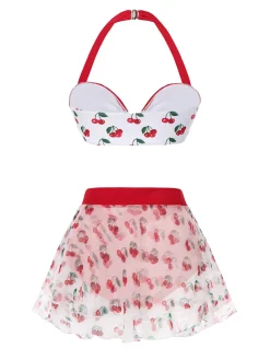 New Retro Stage 2PCS 1950s Cherry Bikini & Tie-Waist Cover up Red