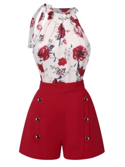 Sale Retro Stage 2PCS 1940s Floral Tie Neck Top & Buttoned Short Red