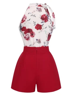 Sale Retro Stage 2PCS 1940s Floral Tie Neck Top & Buttoned Short Red