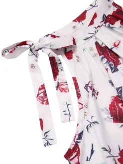 Sale Retro Stage 2PCS 1940s Floral Tie Neck Top & Buttoned Short Red