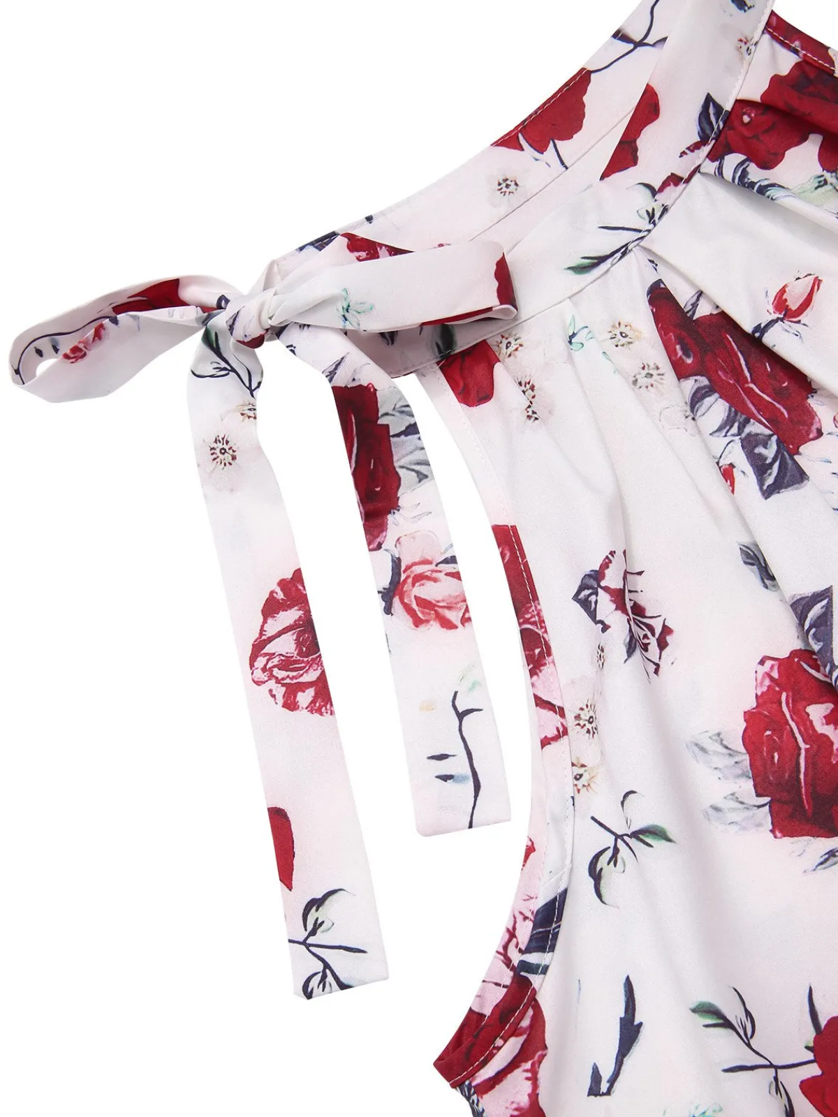 Sale Retro Stage 2PCS 1940s Floral Tie Neck Top & Buttoned Short Red