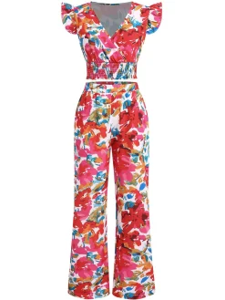 New Retro Stage 2PCS 1970s Flower Ruffled Smocked Top & Wide-Leg Pants Red
