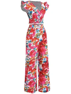 New Retro Stage 2PCS 1970s Flower Ruffled Smocked Top & Wide-Leg Pants Red