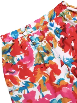 New Retro Stage 2PCS 1970s Flower Ruffled Smocked Top & Wide-Leg Pants Red
