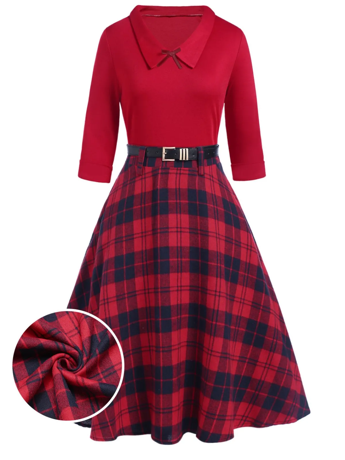 Best Retro Stage 2PCS 1940s Lapel Top & Plaid Skirt Red