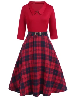 Best Retro Stage 2PCS 1940s Lapel Top & Plaid Skirt Red