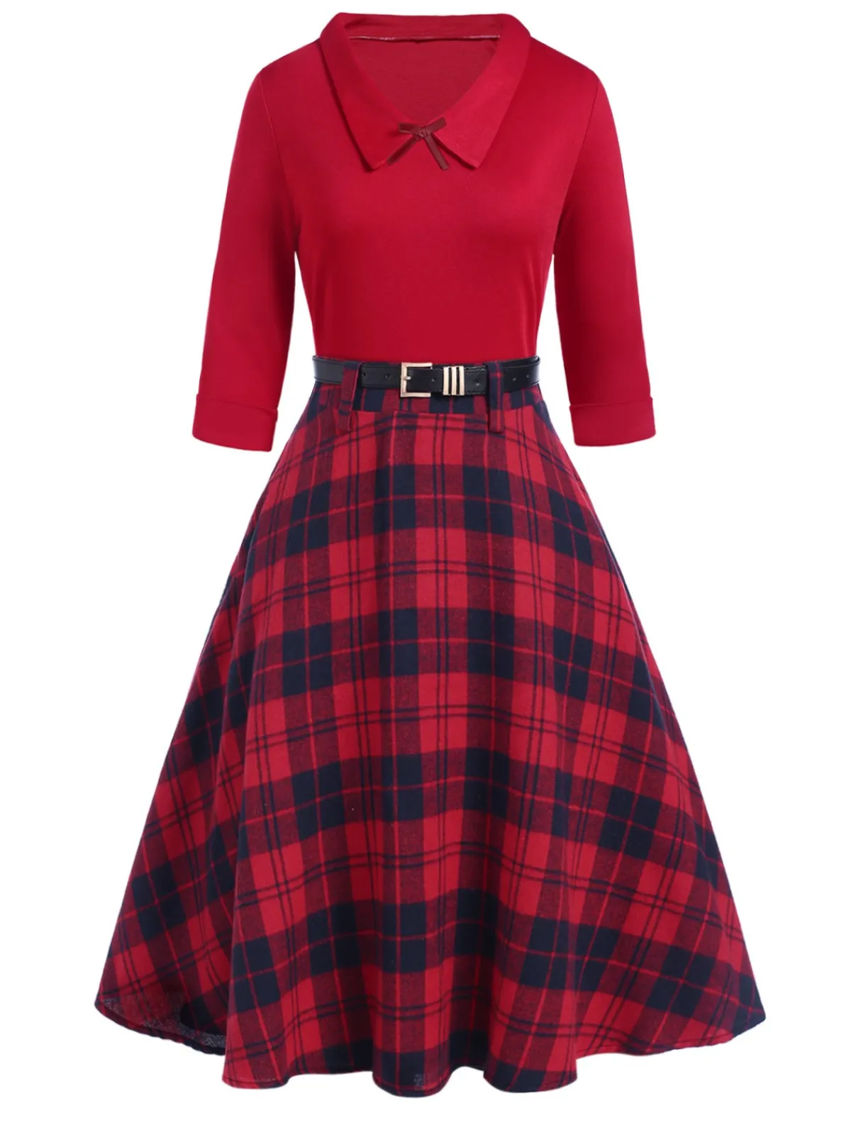 Best Retro Stage 2PCS 1940s Lapel Top & Plaid Skirt Red