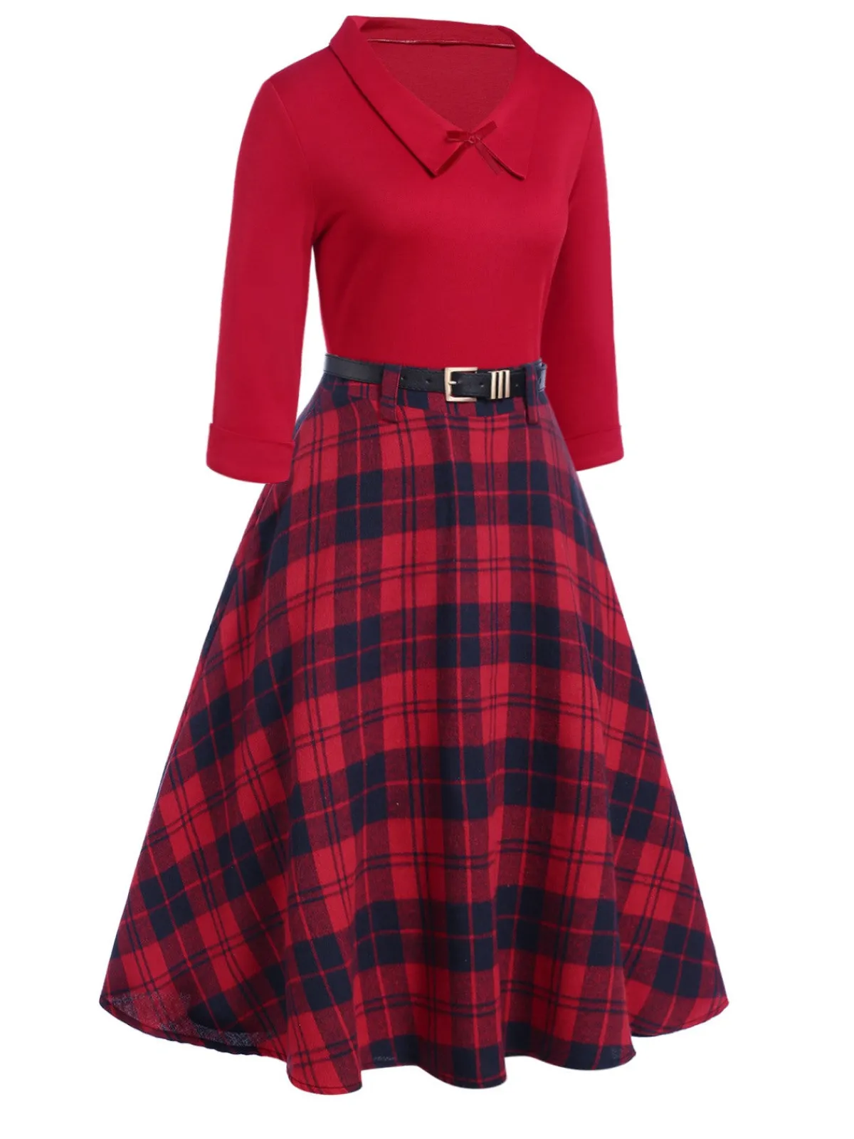 Best Retro Stage 2PCS 1940s Lapel Top & Plaid Skirt Red
