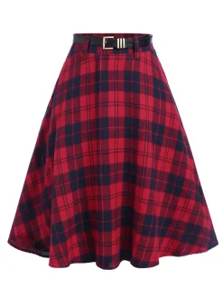 Best Retro Stage 2PCS 1940s Lapel Top & Plaid Skirt Red