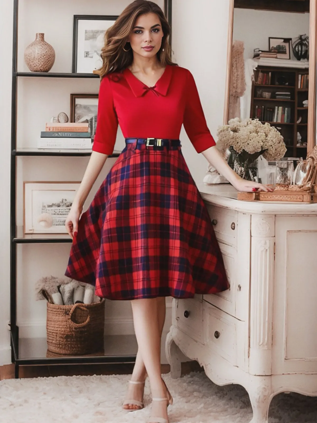 Best Retro Stage 2PCS 1940s Lapel Top & Plaid Skirt Red