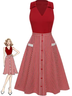 Sale Retro Stage 2PCS 1940s Lapel Top & Stripes Skirt Red