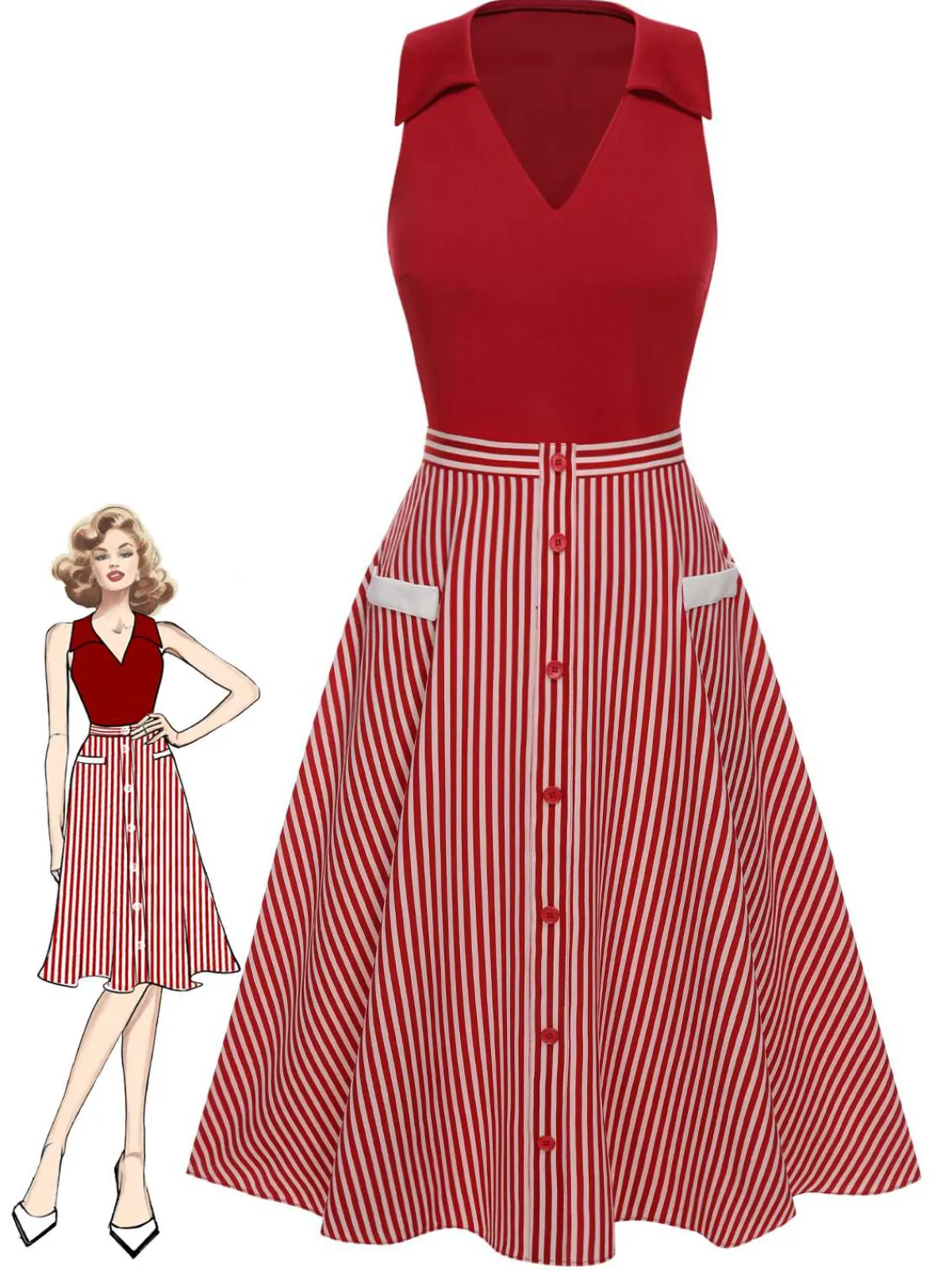 Sale Retro Stage 2PCS 1940s Lapel Top & Stripes Skirt Red