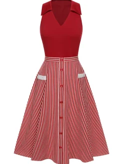 Sale Retro Stage 2PCS 1940s Lapel Top & Stripes Skirt Red