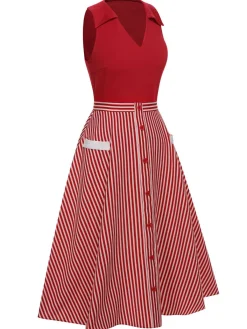 Sale Retro Stage 2PCS 1940s Lapel Top & Stripes Skirt Red