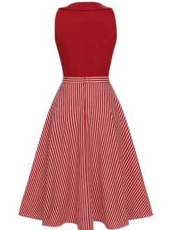 Sale Retro Stage 2PCS 1940s Lapel Top & Stripes Skirt Red
