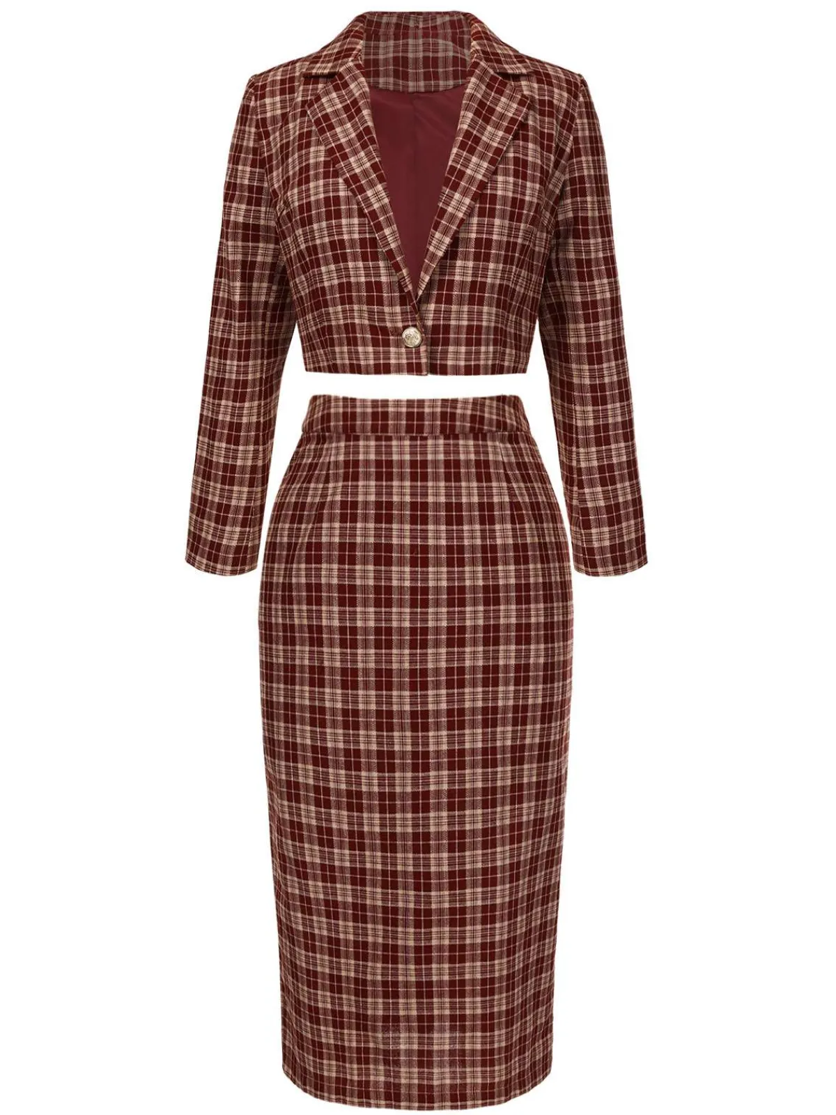 Clearance Retro Stage 2PCS 1960s Plaid Lapel Short Coat & Slit Skirt Red
