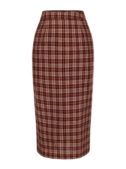 Clearance Retro Stage 2PCS 1960s Plaid Lapel Short Coat & Slit Skirt Red