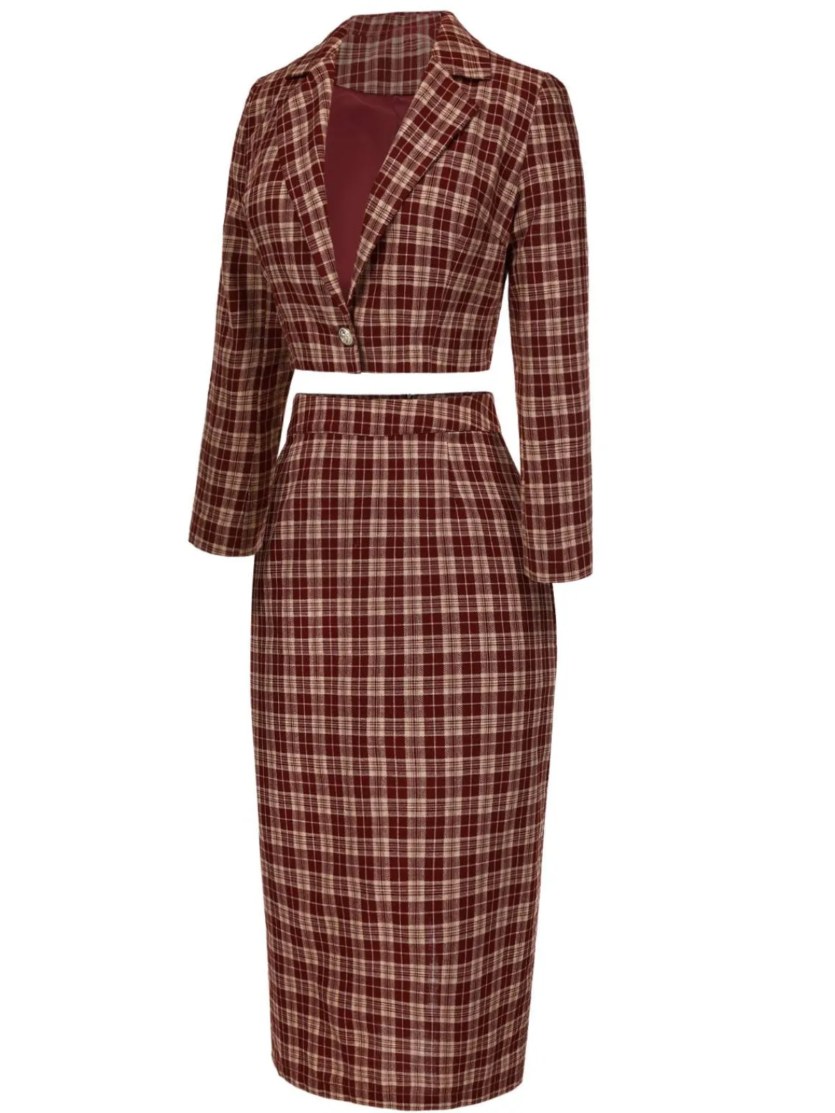 Clearance Retro Stage 2PCS 1960s Plaid Lapel Short Coat & Slit Skirt Red