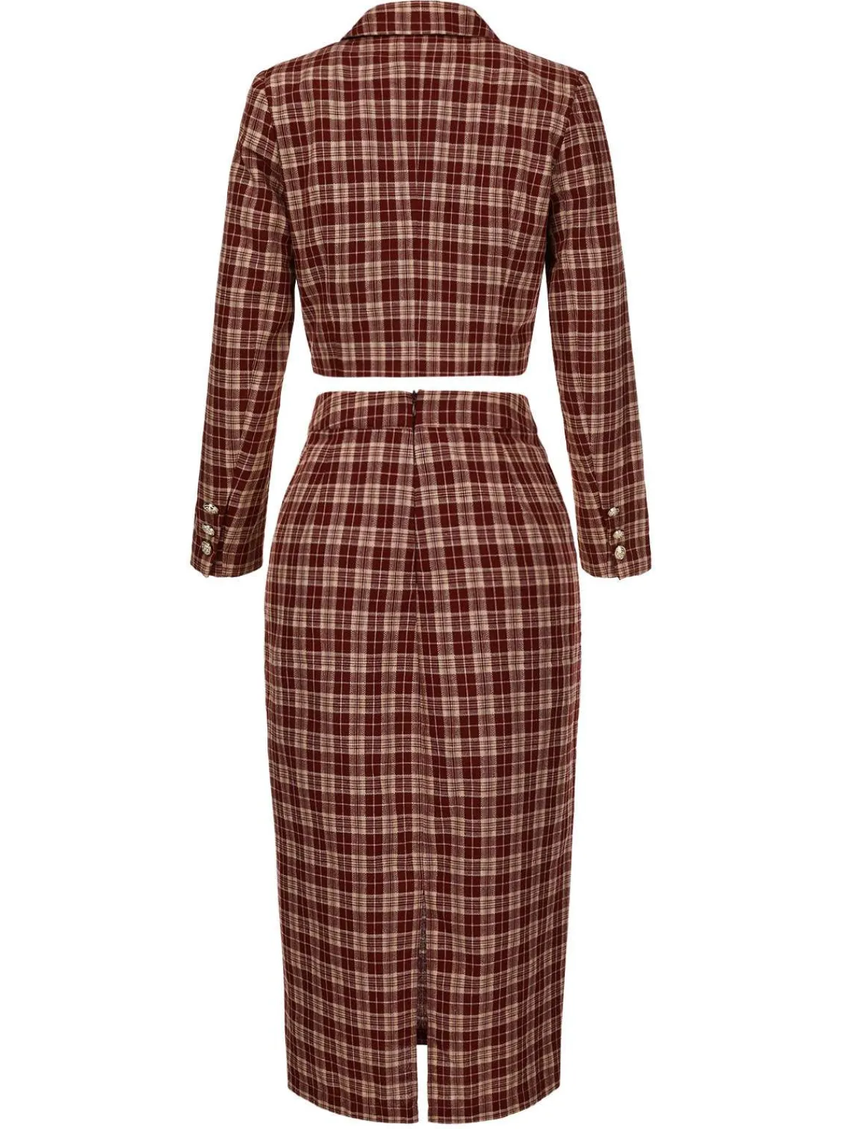 Clearance Retro Stage 2PCS 1960s Plaid Lapel Short Coat & Slit Skirt Red