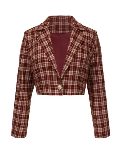 Clearance Retro Stage 2PCS 1960s Plaid Lapel Short Coat & Slit Skirt Red