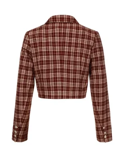 Clearance Retro Stage 2PCS 1960s Plaid Lapel Short Coat & Slit Skirt Red