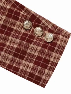 Clearance Retro Stage 2PCS 1960s Plaid Lapel Short Coat & Slit Skirt Red