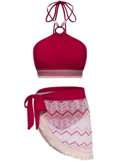 Outlet Retro Stage 2PCS Red 1970s Princess Style Bikini Set & Fringe Cover-Up Deep Red