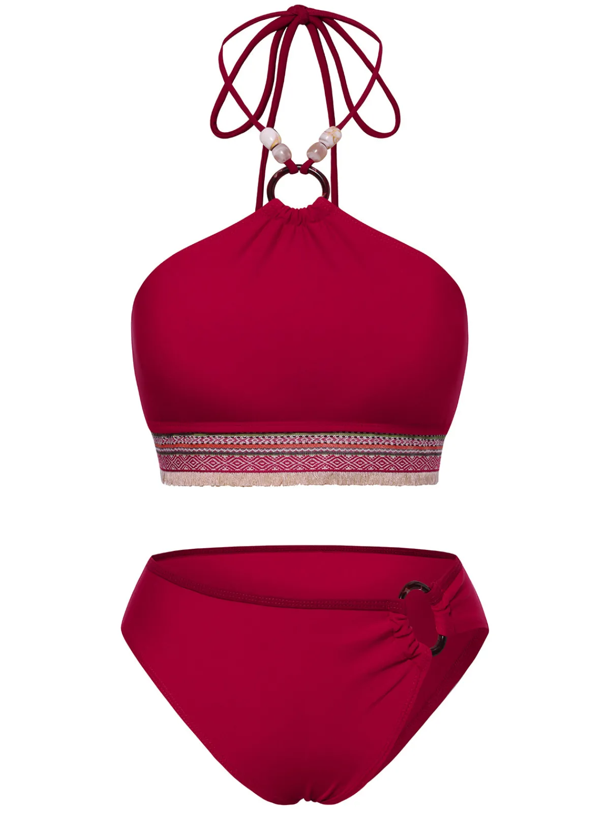 Outlet Retro Stage 2PCS Red 1970s Princess Style Bikini Set & Fringe Cover-Up Deep Red