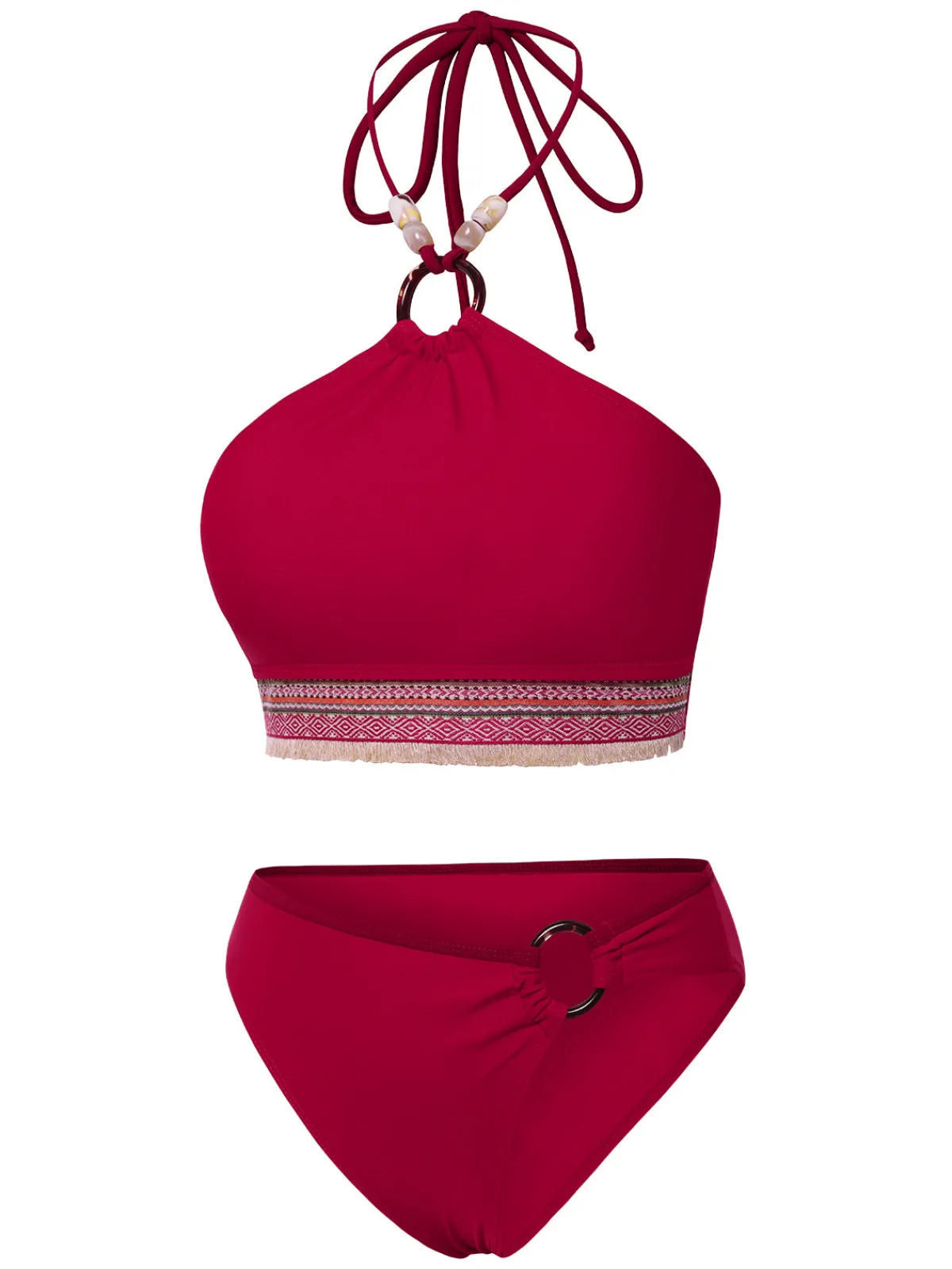 Outlet Retro Stage 2PCS Red 1970s Princess Style Bikini Set & Fringe Cover-Up Deep Red