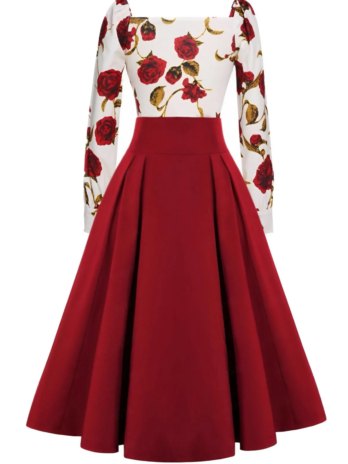 Clearance Retro Stage 2PCS 1960s Rose Blouse & Pleated Skirt Red